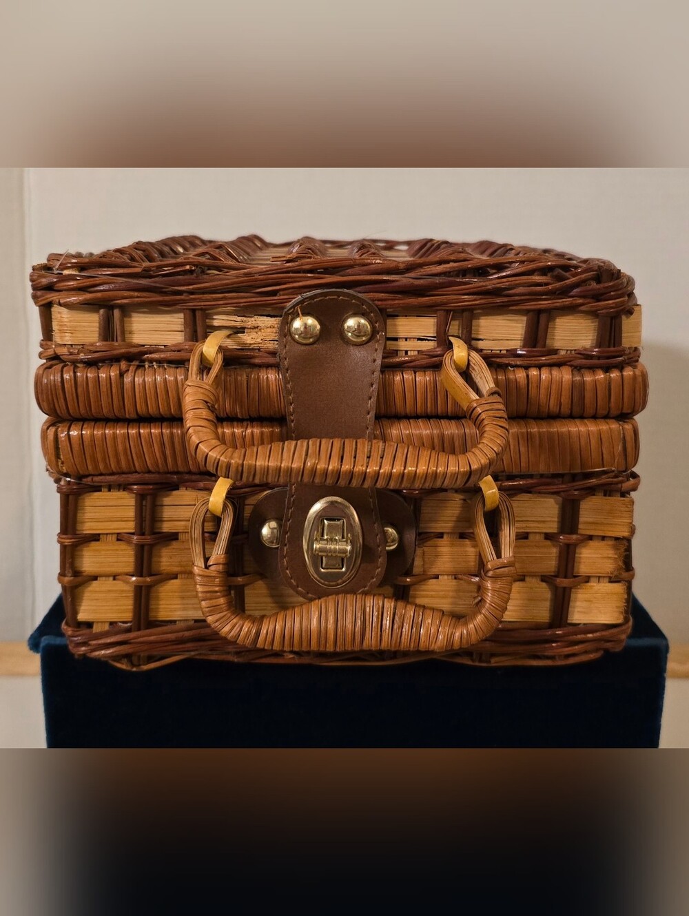 Vintage Elizabeth Arden Wicker Picnic Basket Set - Red Gingham